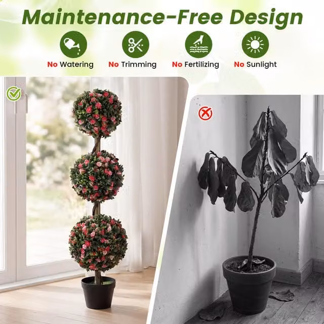 COSTWAY Artificial Rose Topiary Tree in Green and Pink with Round Concrete Base