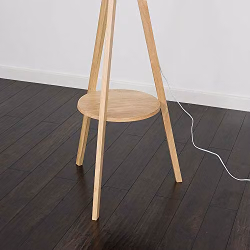 ValueLights Morrigan Modern Wood Tripod Floor Lamp with Beige Fabric Shade and Warm White LED Bulb, H 148 cm x W 45 cm x D 45 cm – 3