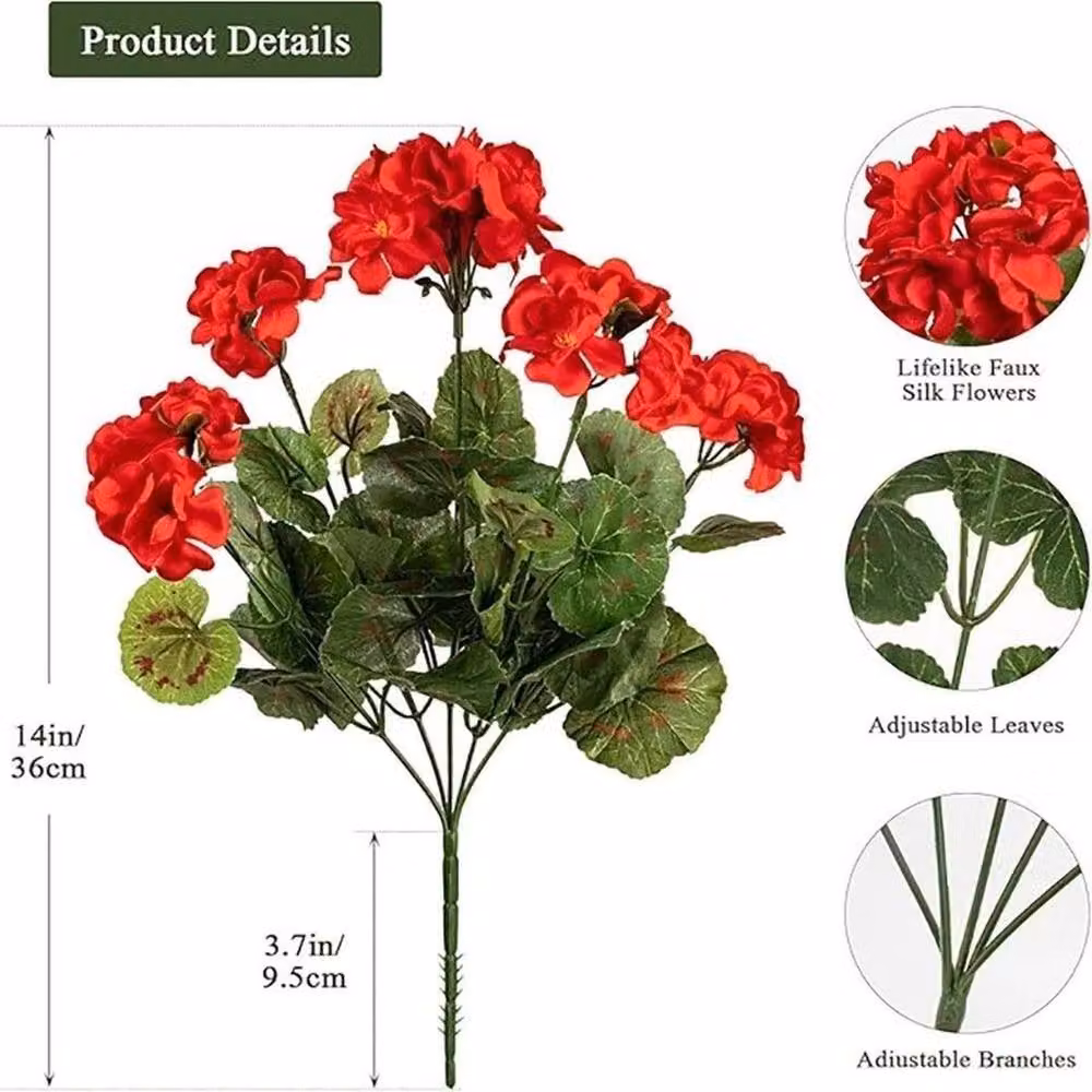 FLAVORA Red Artificial Geraniums Silk Faux Flower Bouquet, Height: 100 cm, Width: 15 cm – 2