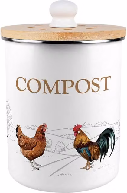Purely Home Country Farm Animals Metal Compost Caddy with Flip Lid, 2L, Brown and White