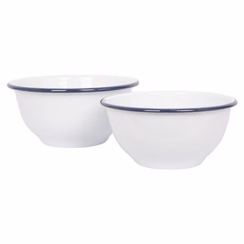 Argon Tableware 2 Piece White Metal Enamel Nesting Mixing Bowl Set with Blue Rim, 1.6 l and 1.1 l – 1