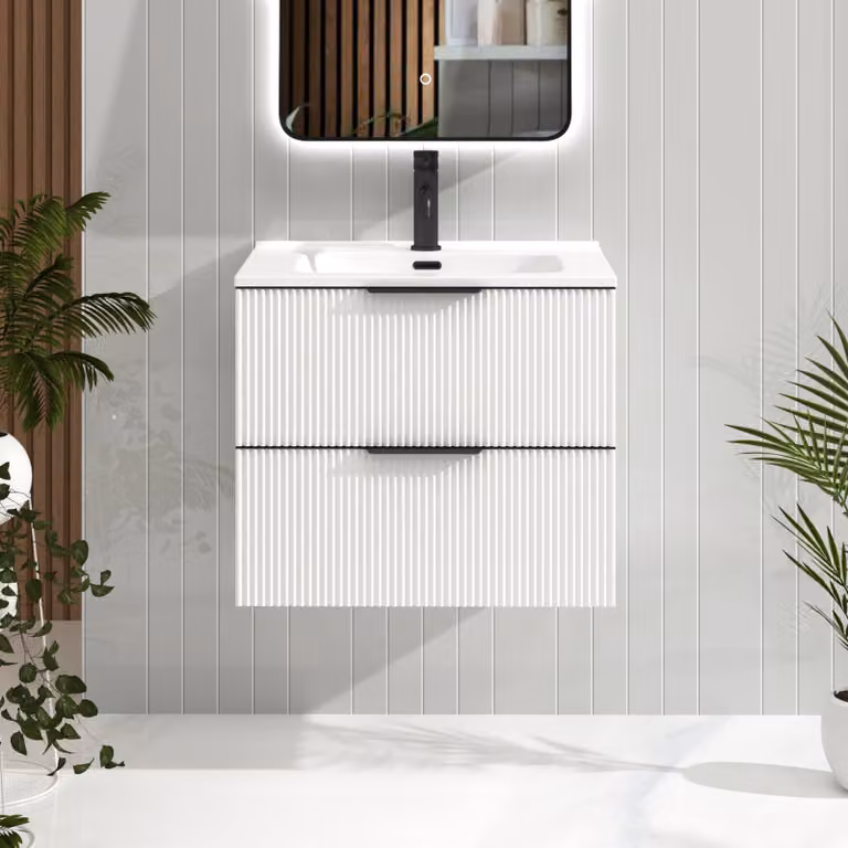 Royal Bathrooms Evora 600mm Matt White Fluted Wall Hung Vanity Unit with 2 Drawers, Ceramic Basin and Matt Black Handles