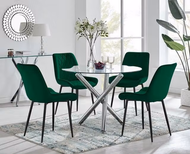 FurnitureboxUK Selina Round Glass Dining Table with Chrome Leg and 4 Pesaro Green Chairs with Black Legs – 1