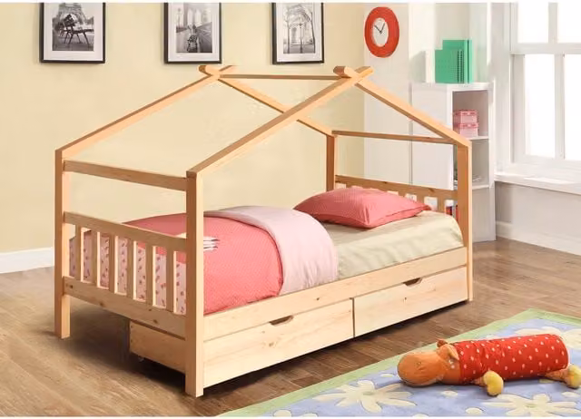 Comfy Living Solid Wood House Storage Bed with Drawers for Children, Natural