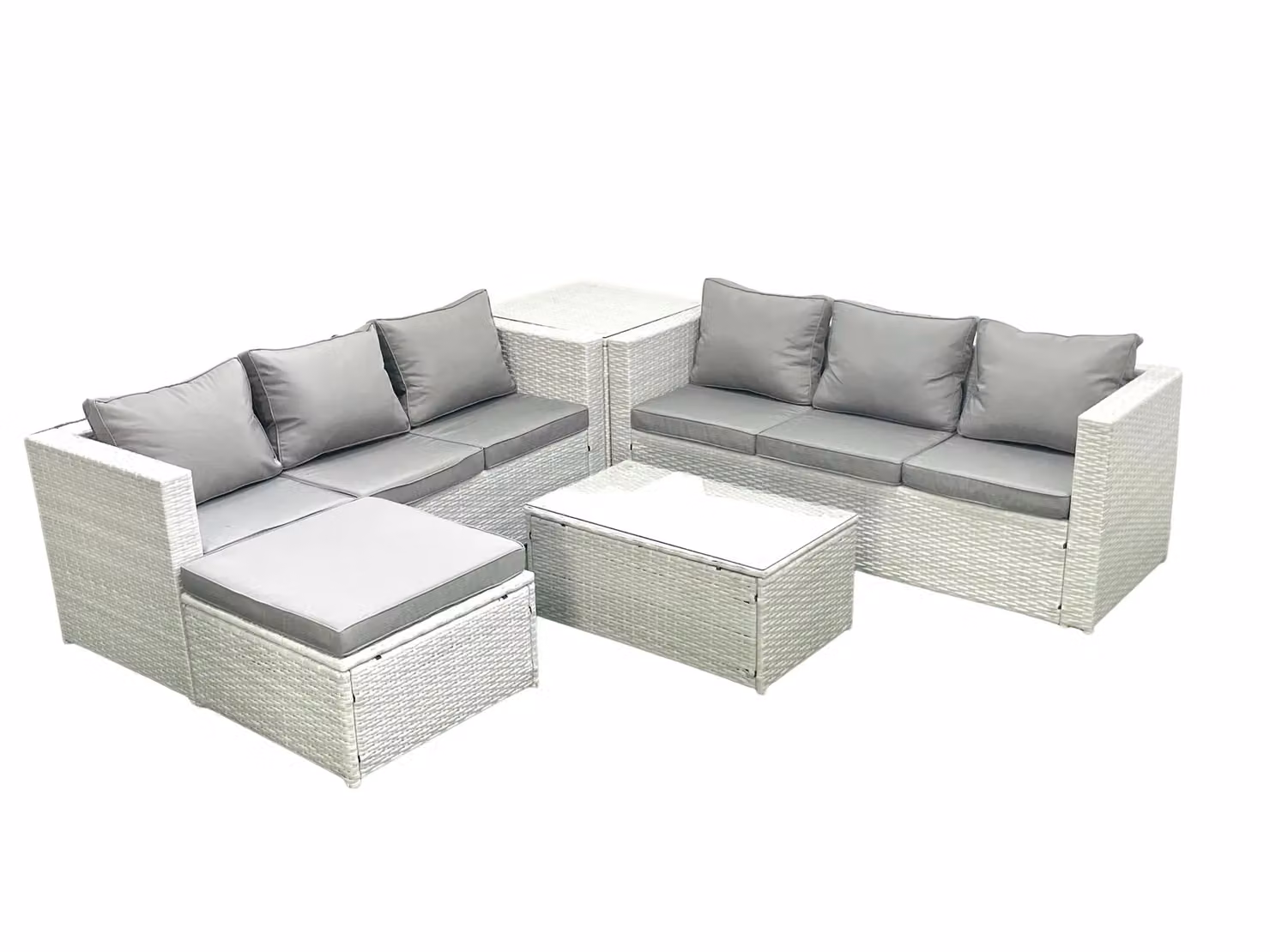 Fimous Grey L-Shape Outdoor Rattan Garden Furniture Set with 2-Seater Sofa, Ottoman, Coffee Table and Cushions – 2