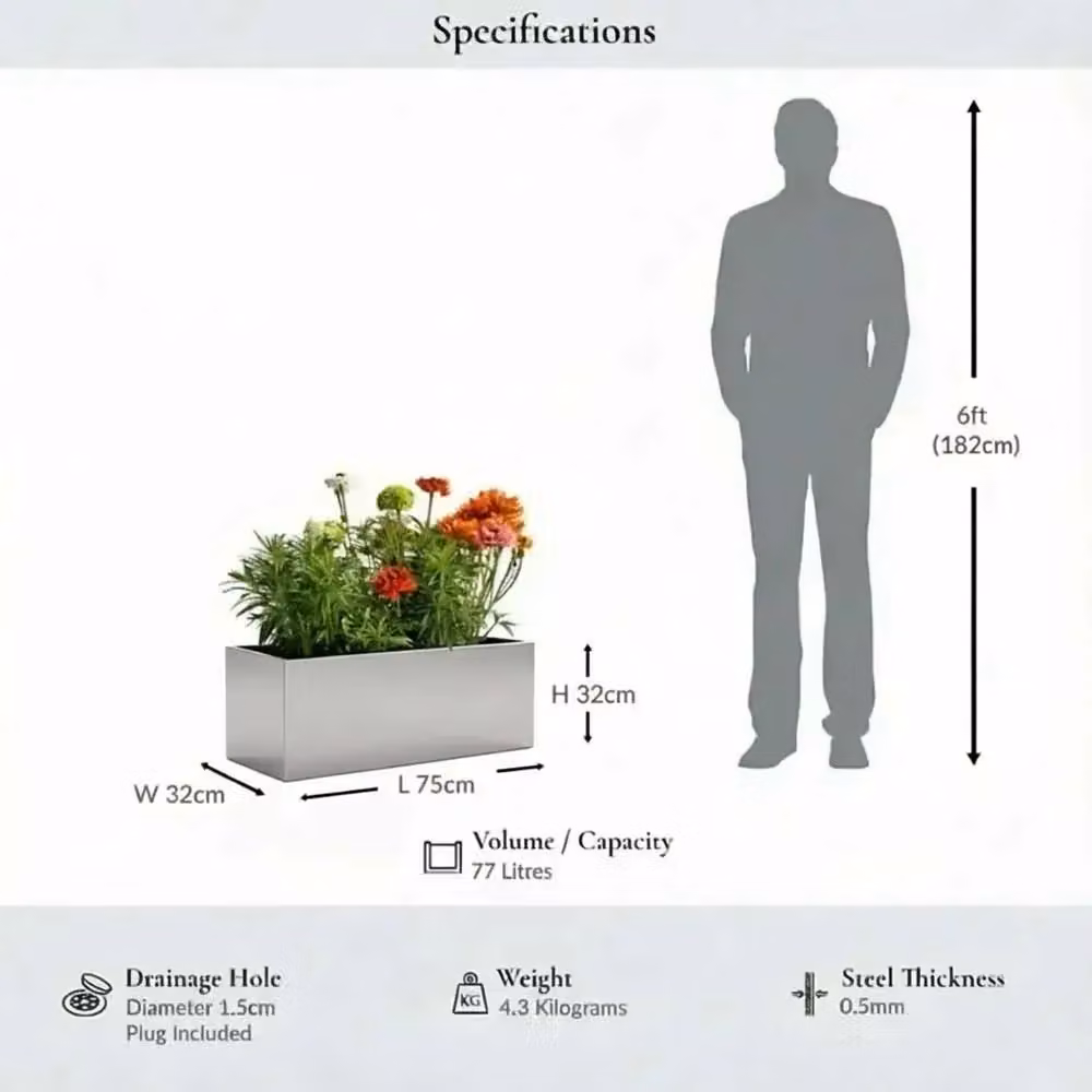 Access Garden Products Silver Galvanised Steel Trough Planter, W32cm x D32cm x H75cm – 4