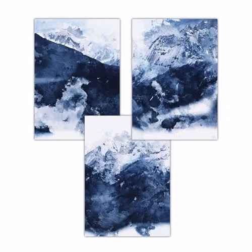 ARTZE Set of 3 Abstract Blue and White Mountain Landscape Paper Posters, W: 29.7 cm x H: 42 cm – 2