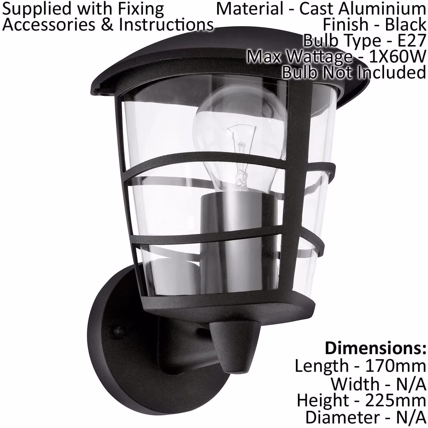 Loops 2 Pack Black Modern Aluminium Outdoor Wall Lanterns with Transparent Glass, IP44 Rated, E27 Socket, 60W Max – 2
