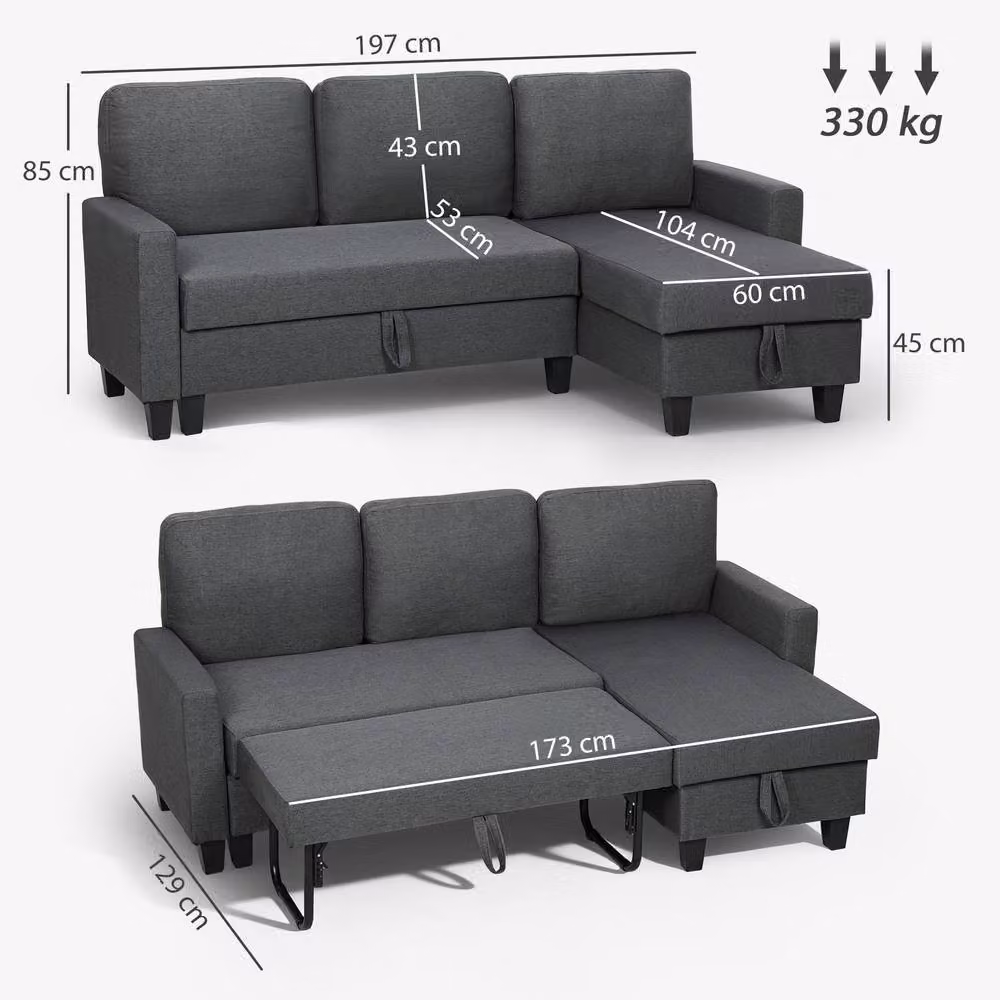 HOMCOM 3 Seater Fold-Out Convertible Sofa Bed with Removable Fabric Covers in Grey – 3