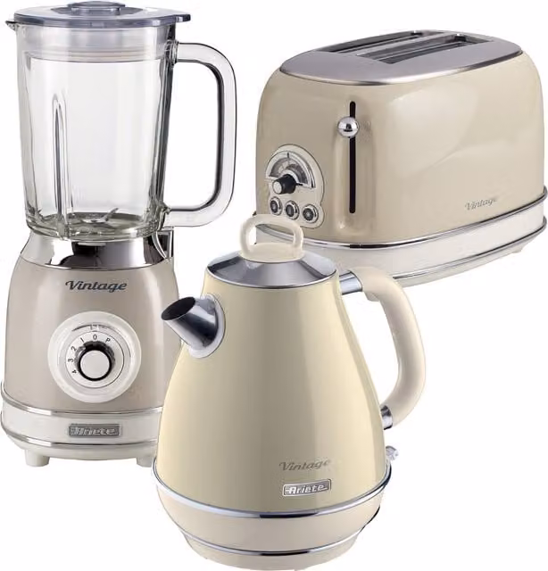 Ariete Glass and Stainless Steel Jug Kettle, 2 Slice Toaster and Jug Blender Set in Yellow and Beige