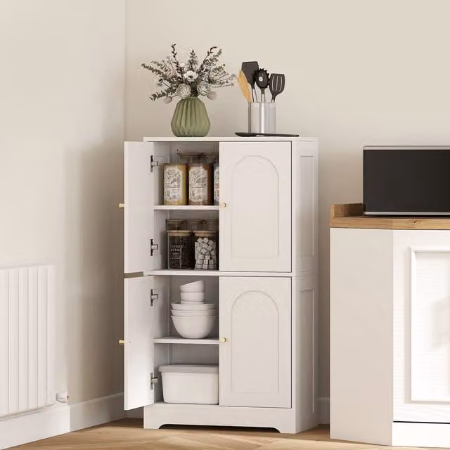 HOMCOM White and Gold Freestanding Kitchen Cupboard Tall Pantry Unit with 4 Hinged Doors and Internal Shelves