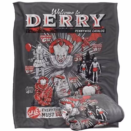 Warner Bros. Welcome To Derry Pennywise Catalogue Super Soft Fleece Throw Blanket, Multicolour, W: 127 cm x D: 152.4 cm