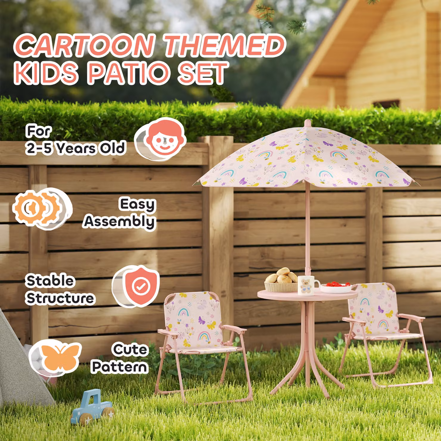 AIYAPLAY Kids Garden Table and Chair Set with Adjustable Parasol, Rainbow Pattern, Pink – 4