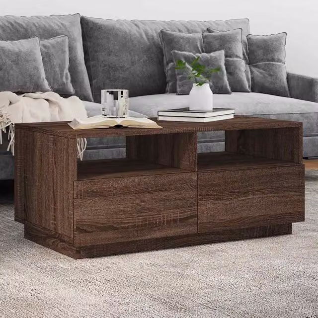 Berkfield Home Modern Rectangular Coffee Table with LED Lights in Brown Oak, W: 90 cm, D: 49 cm, H: 40 cm