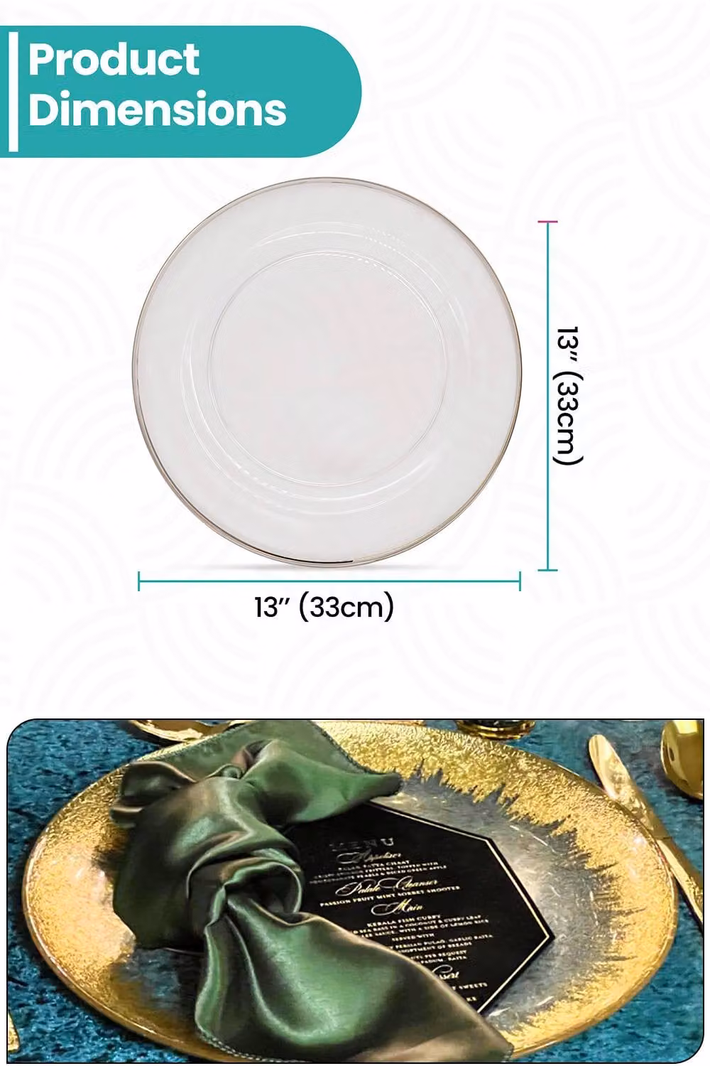 Neel Blue Set of 12 Glass Charger Plates with Gold Trim and Silver Accents, Diameter: 33 cm