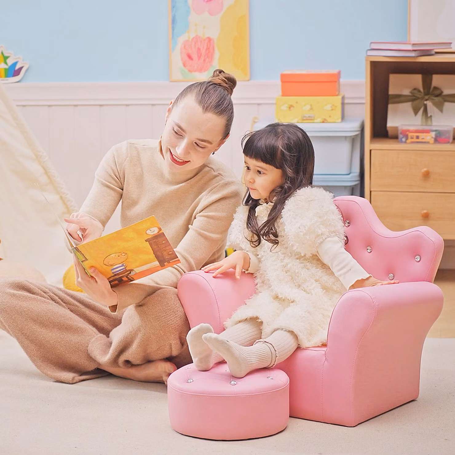 HOMCOM Kids Sofa Set with Ottoman, Pink PU Leather Armchair and Footstool – 2