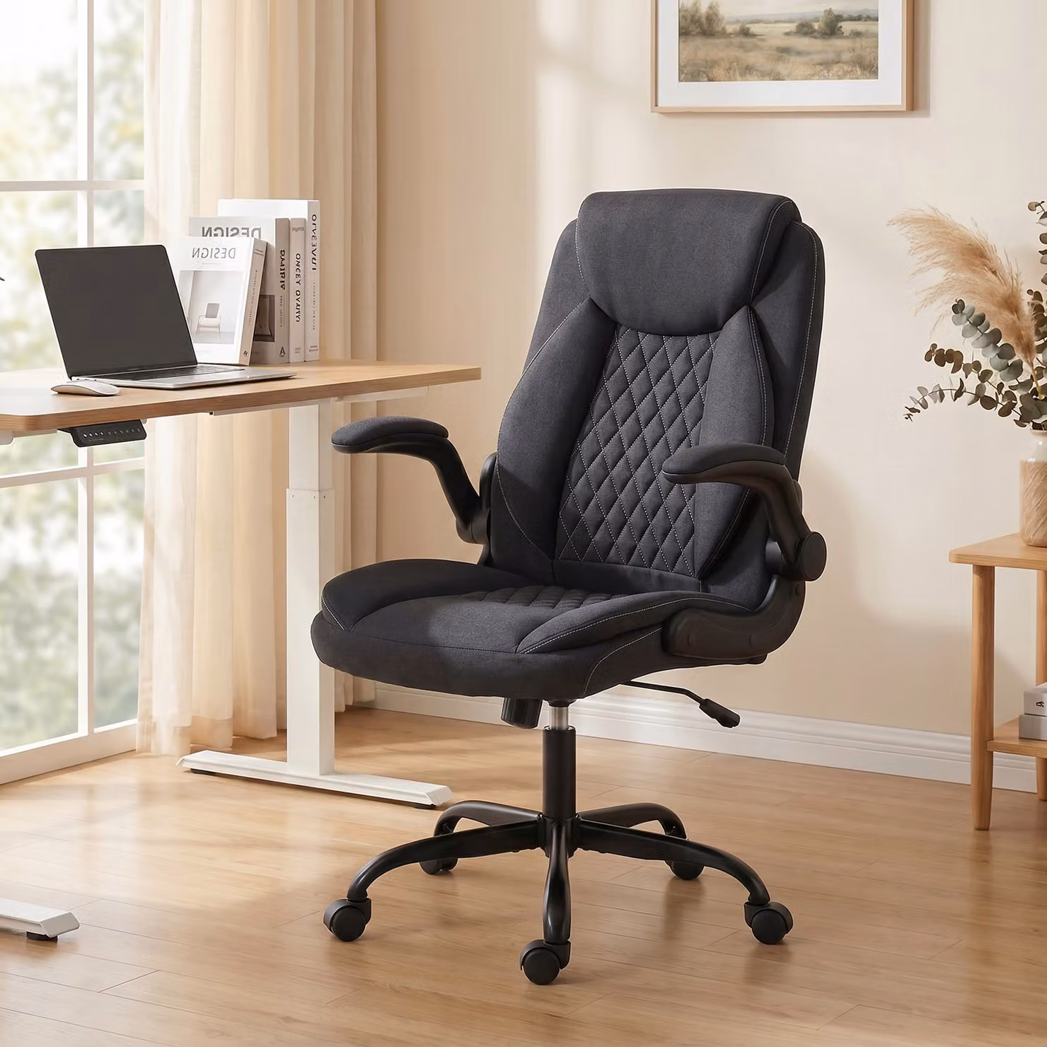 HOMCOM Black Linen-Look Executive Office Chair with Flip-Up Armrests and Thick Cushion – 8