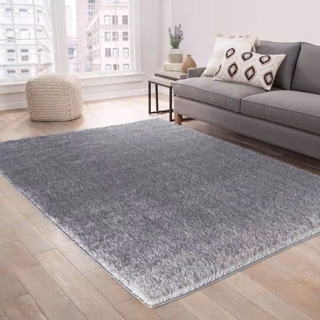 Desire Rugs Modern Plain Shaggy Rectangular Area Rug in Silver Grey, W: 80 cm, L: 150 cm