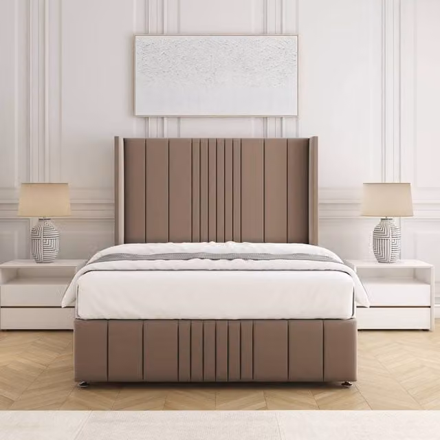 BSSPOKE Elise Plush Velvet Divan Bed Set with Headboard and Mattress in Taupe, W/D/H: 90 x 190 cm