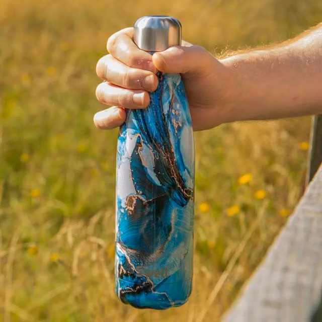 Swell Ocean Marble Vacuum Insulated Stainless Steel Water Bottle, 500ml, Blue