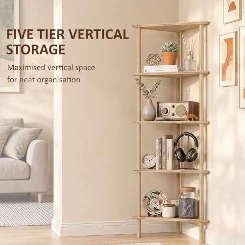 HOMCOM 5-Tier Bamboo Corner Storage Shelf, Brown Wood Finish, W/D/H: 41.5 x 21.5 x 114 cm – 3