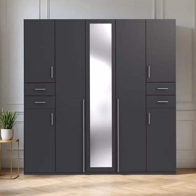 KDMD Vegas 5 Door Grey Matt Wardrobe with Mirror and Integrated Drawers H 225 x W 58 x D 58 cm