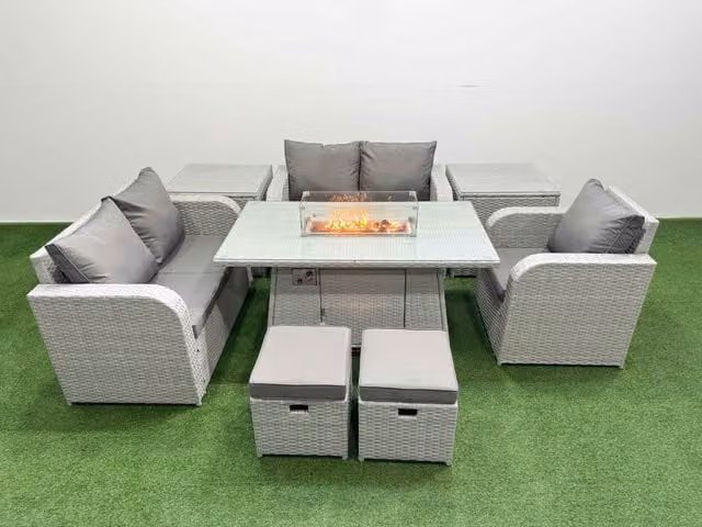 Fimous Grey Poly Rattan Garden Furniture Set with Reclining Chair, Loveseat Sofa, Firepit Dining Table, 2 Stools and 2 Side Tables