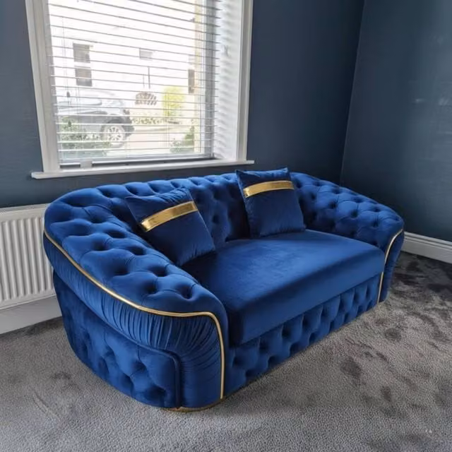 Stratus Interiors Ambassador Chesterfield 2 Seater Sofa in Blue Plush Velvet with Gold Trim – 1