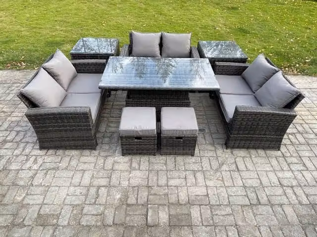 Fimous Wicker PE Rattan Garden Furniture Set with Height Adjustable Rising Lifting Table and Double Seat Sofa in Dark Grey
