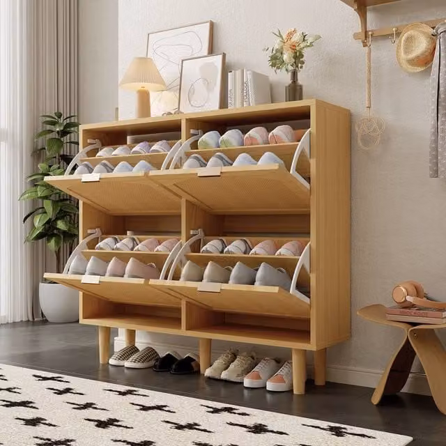 BTM Rattan Slim Shoe Cabinet with Storage Drawers and Hinged Doors in Light Oak
