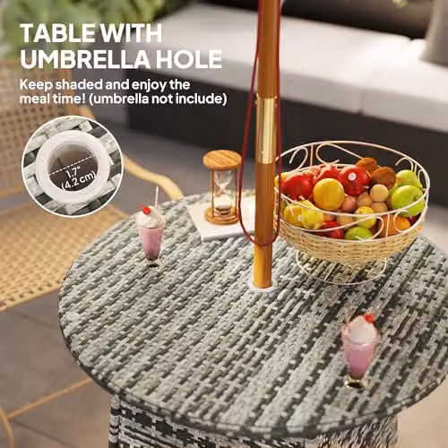 Outsunny Grey Wicker Rattan Garden Table with Tempered Glass Top and Umbrella Hole – 4