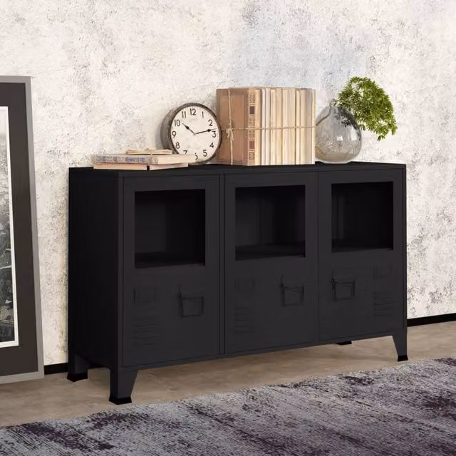 Berkfield Home Industrial Sideboard in Black Metal and Glass, W/D/H: 105 x 35 x 62 cm