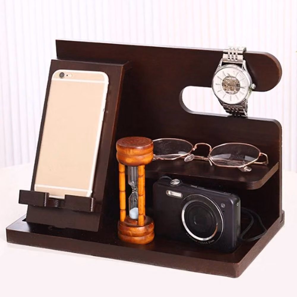 VOGREX Wooden Desktop Docking Station and Phone Stand Organiser in Brown – 3