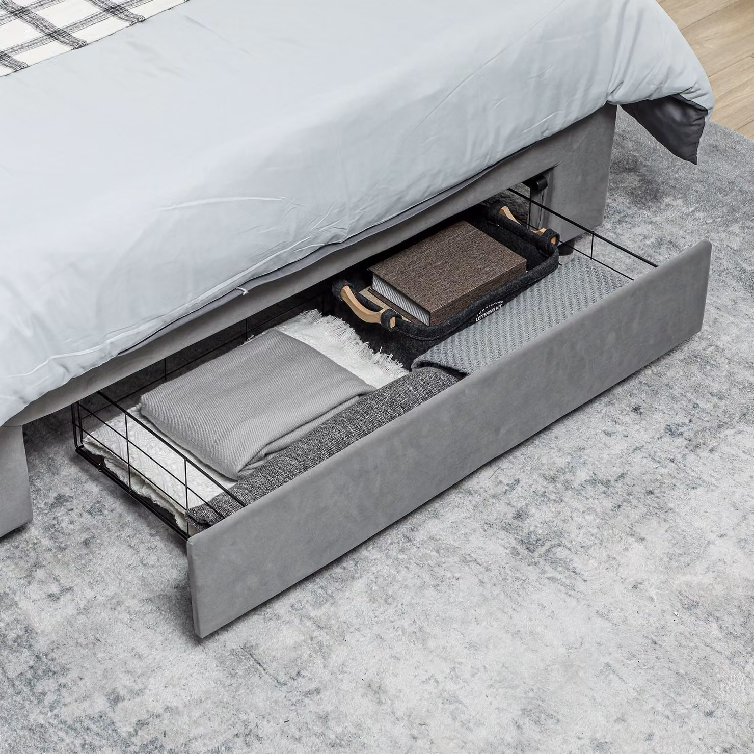 HOMCOM Double Size Grey Velvet Ottoman Bed Frame with Lift-Up Base and Front Drawer, W: 140 cm, D: 200 cm, H: 193.5 cm – 6