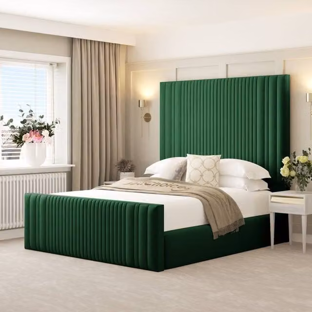 Bed Choices Aspire Double Upholstered Ottoman Bed Frame with Gas Lift Storage and 70 inch Headboard in Green Velvet