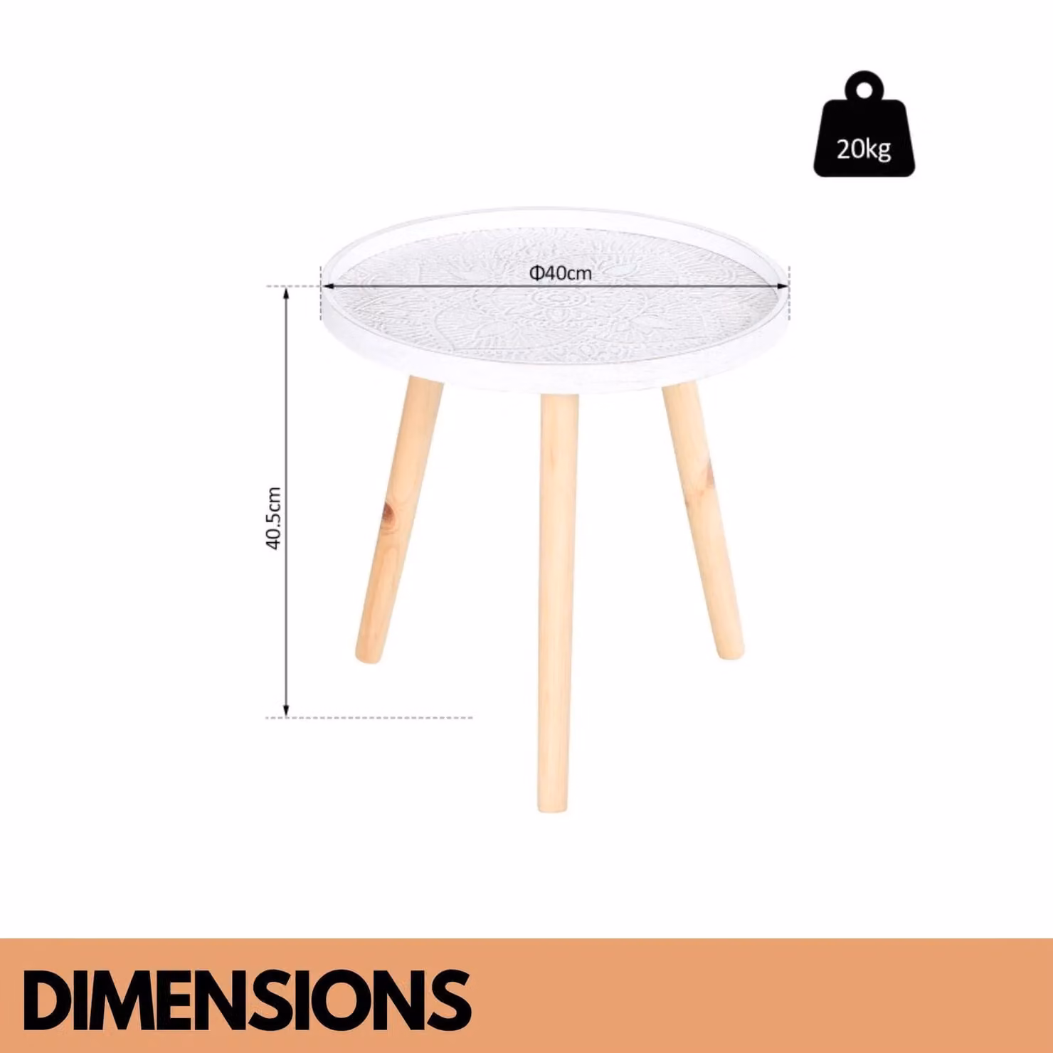 Pirlo Plush Narrow White Side Table with Floral Design, W/D/H: 40 x 40.5 x 20 cm – 2