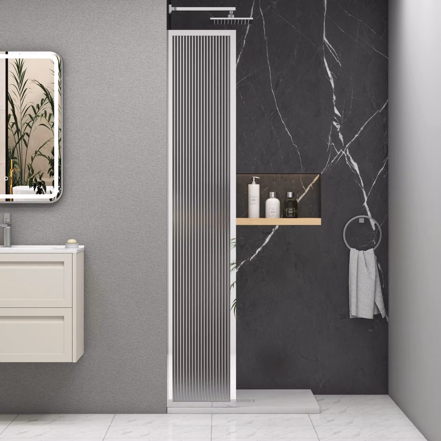 Luxor Fixed Walk-In Wet Room Fluted Shower Screen with Chrome Frame, 8mm Easy Clean Glass, W: 30 cm, H: 195 cm, D: 30 cm