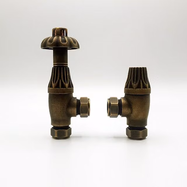 Lux Heat Angled Ornate Thermostatic Valve Set in Antique Brass