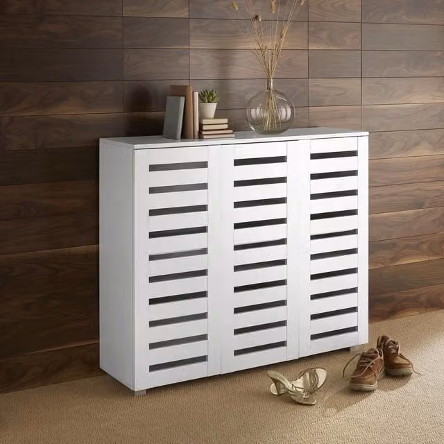 Home Source Oslo 3 Door Shoe Storage Cabinet Unit with Slatted Doors in White