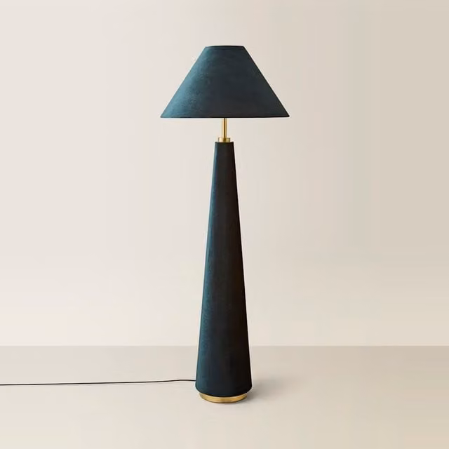 ValueLights Martha Conical Velvet Midi Floor Lamp in Blue and Gold/Brass