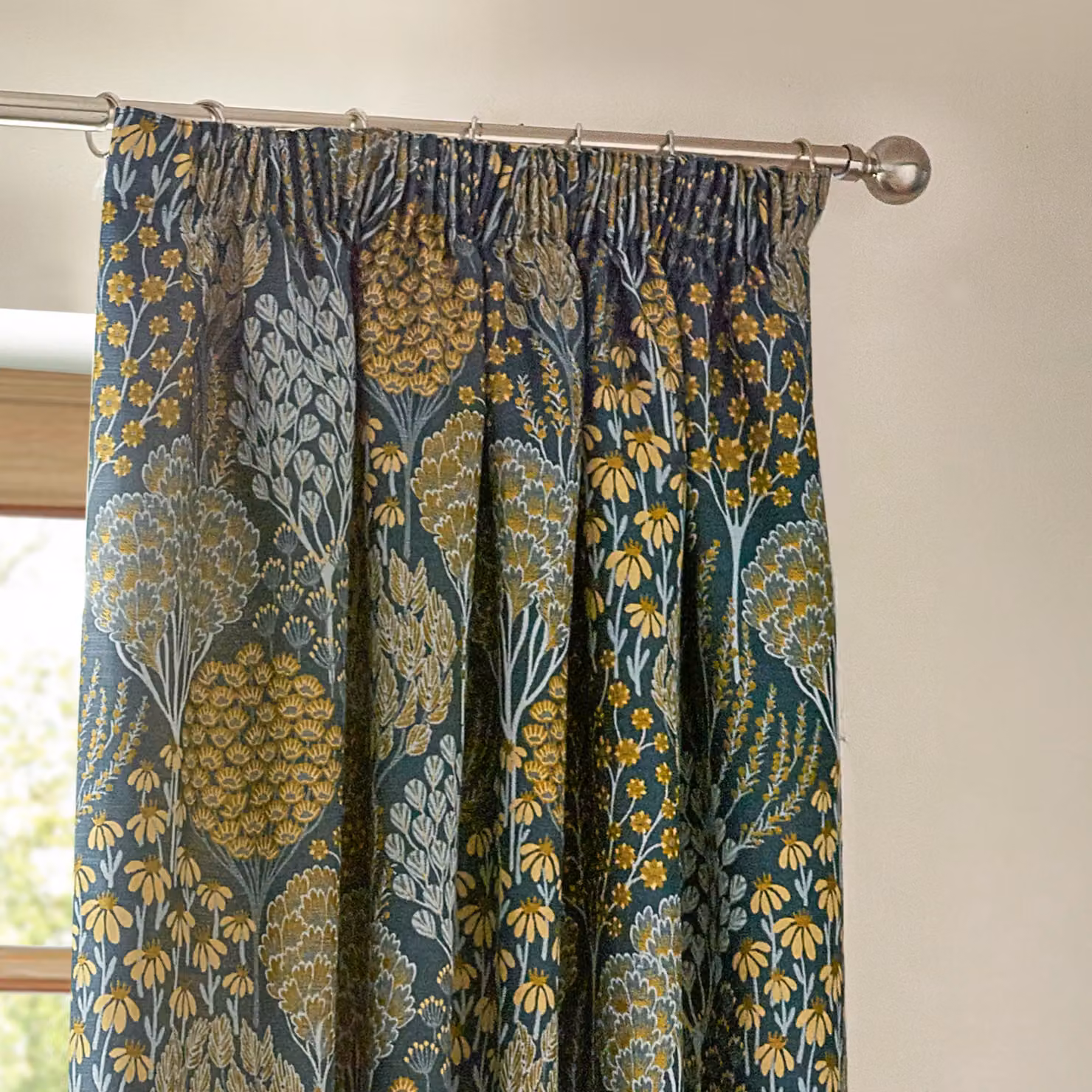 Wylder Ophelia Blue Floral Room Darkening Pencil Pleat Curtain Pair, Width: 229 cm, Drop: 183 cm – 3