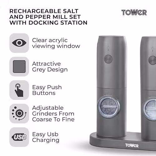 Tower Rechargeable Electric Salt and Pepper Mills with Adjustable Ceramic Grinders in Grey Stainless Steel – 2
