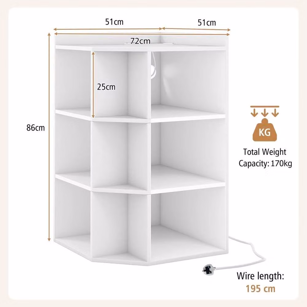 KORVIXA 3-Tier Corner Cabinet with Charging Station in White – 2