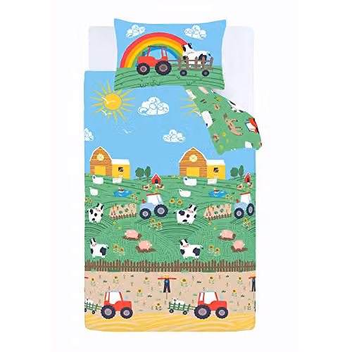 Catherine Lansfield Farmyard Animals Reversible Duvet Cover and Pillowcase Set, Blue, W/D/H: 135 x 200 cm, Pillowcase: 50 x 75 cm – 2