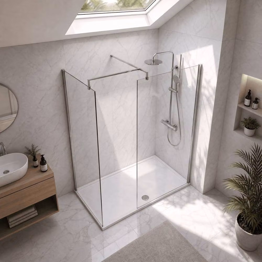 Balterley Walk-In Wetroom Bundle with Silver Shower System and Rectangular Tray, Chrome, W: 150 cm, D: 80 cm – 2