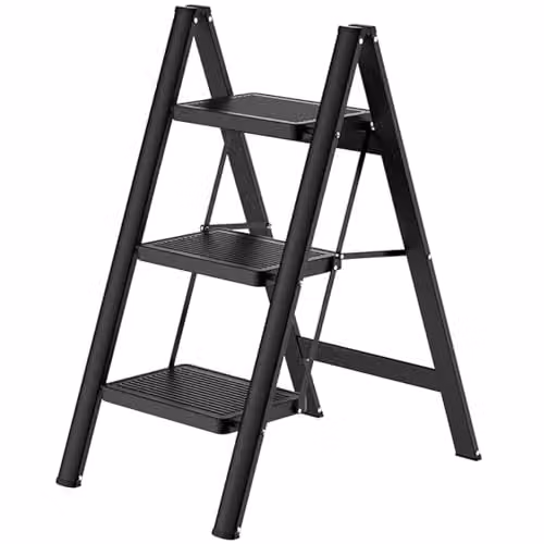 Gr8 Home Black 3 Step Foldable Steel Ladder with Non-Slip Rubber Feet – 1