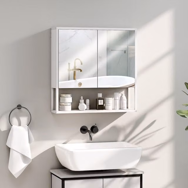 HOMCOM Industrial White Wall Mounted Bathroom Cabinet with 2 Mirrored Soft Close Doors and Open Shelf, W: 60 cm, H: 60 cm
