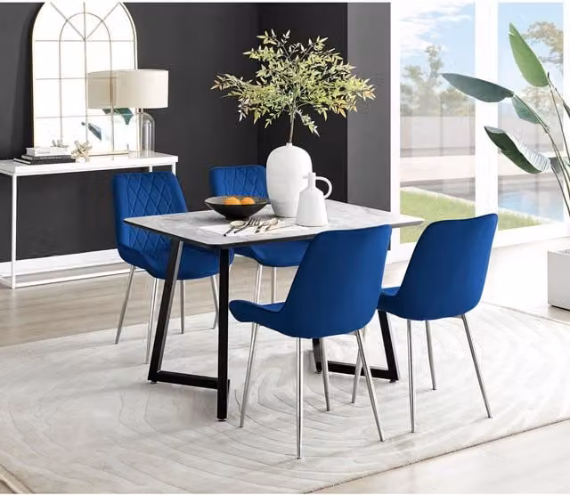 FurnitureboxUK Carson White Marble Effect Dining Table and 4 Pesaro Silver Chairs in Navy