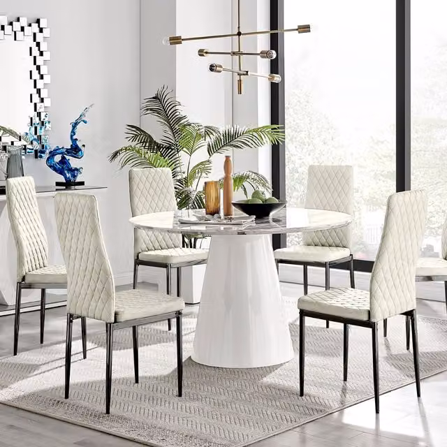 FurnitureboxUK Palma Marble Effect Round Dining Table and 6 Milan Velvet Chairs in Cream