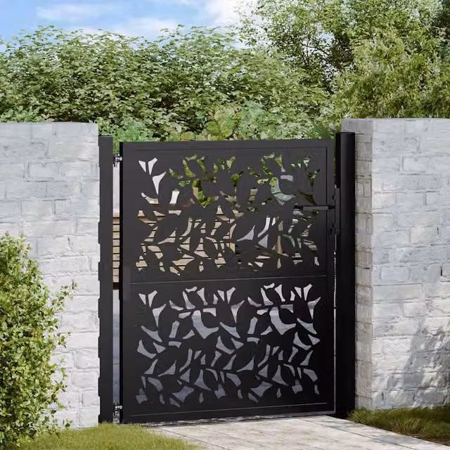 Berkfield Black Steel Garden Gate with Leaf Design W: 105 cm, H: 106 cm – 1